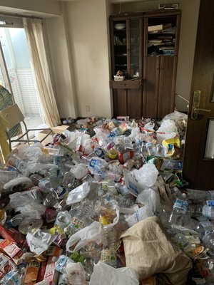 足の踏み場がないほど食品・ペットボトルゴミが散らかったお部屋の清掃の施工前