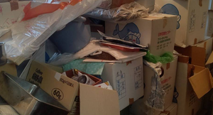 荷物が積み重なって通り道がない状態のお部屋清掃の施工前